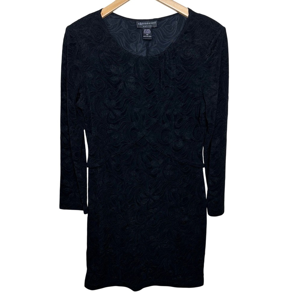 Connected Apparel Textured Print Long Sleeve Sheath Dress size 10 Petite Black